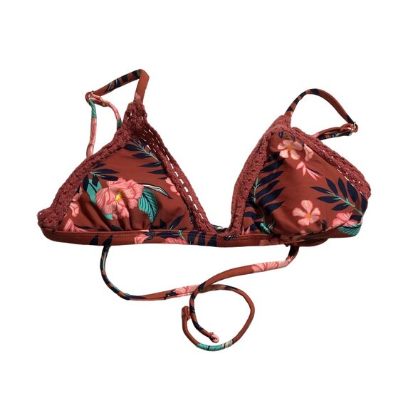 Xhilaration Floral Triangle Removable Cups Bikini Top Crochet Brown Pink S - Picture 1 of 4